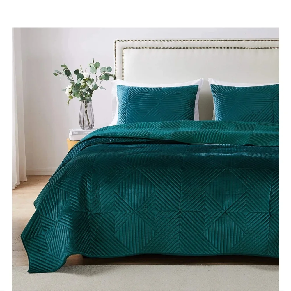 Barefoot Bungalow Riviera Velvet Modern Teal Quilt Set King New